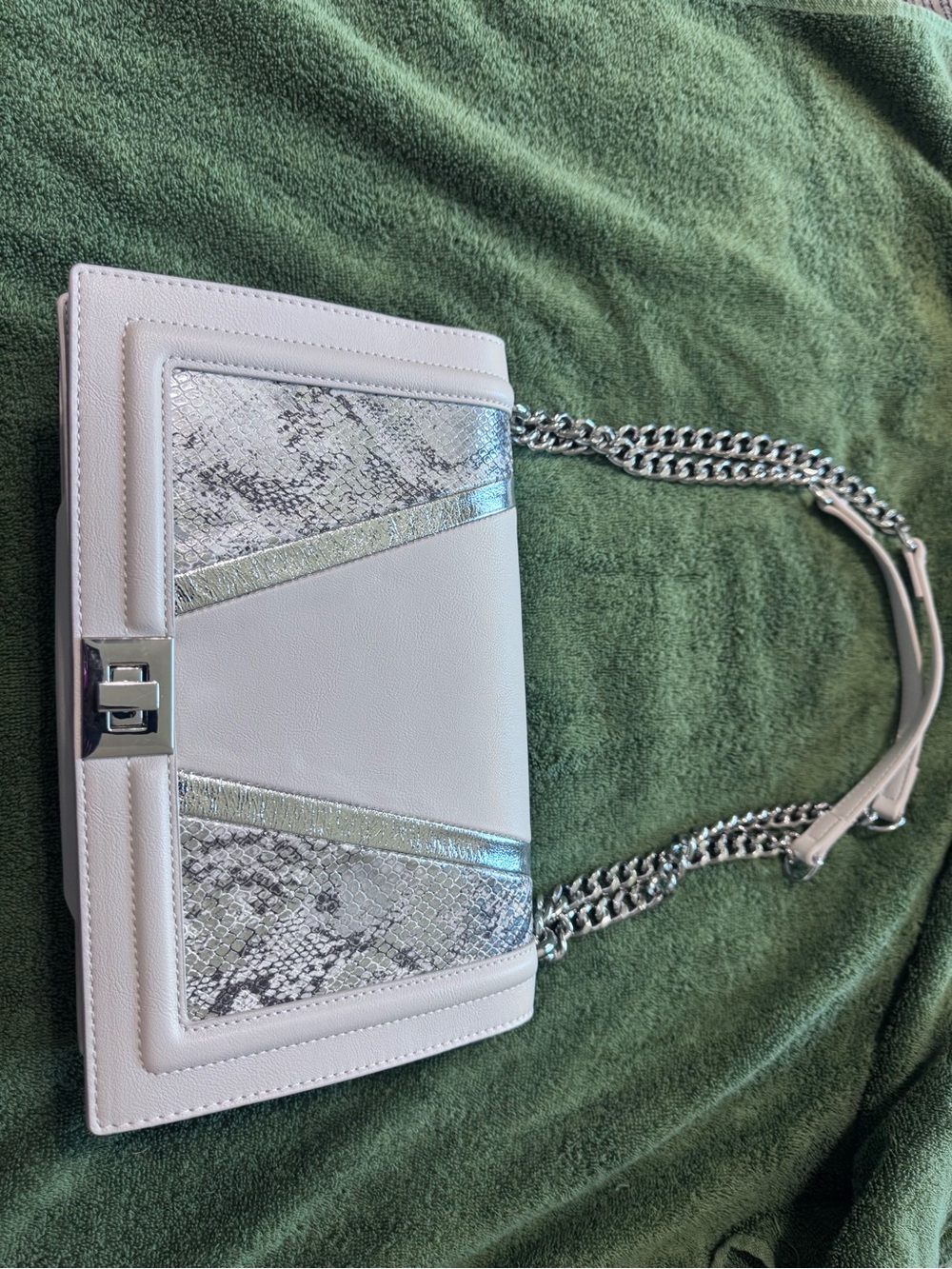 INC International Concepts White Shoulder Bag with Silver Accents